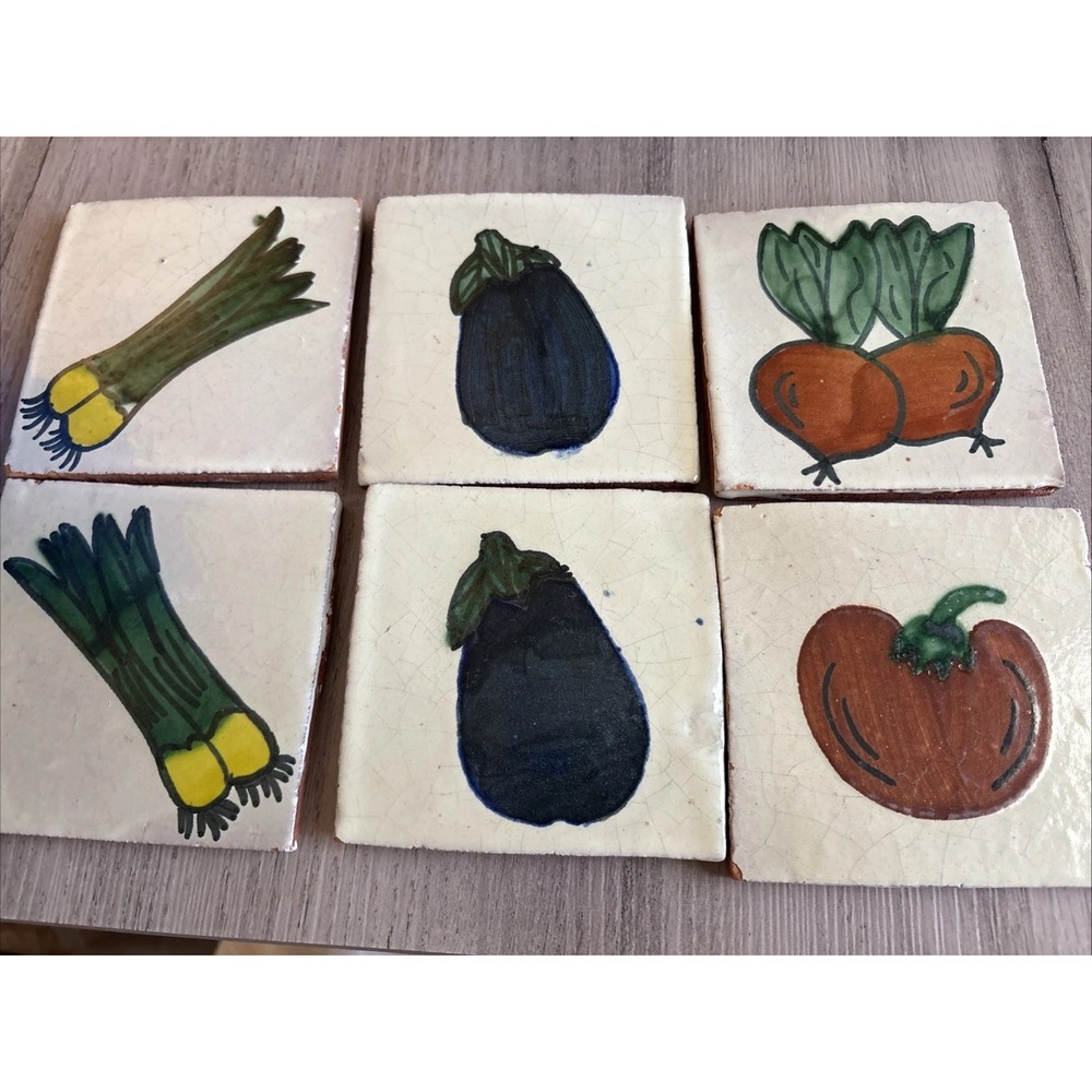 Vintage Kitchen Trivet Backsplash Tile Hand Painted Eggplant Radish Onions 4"